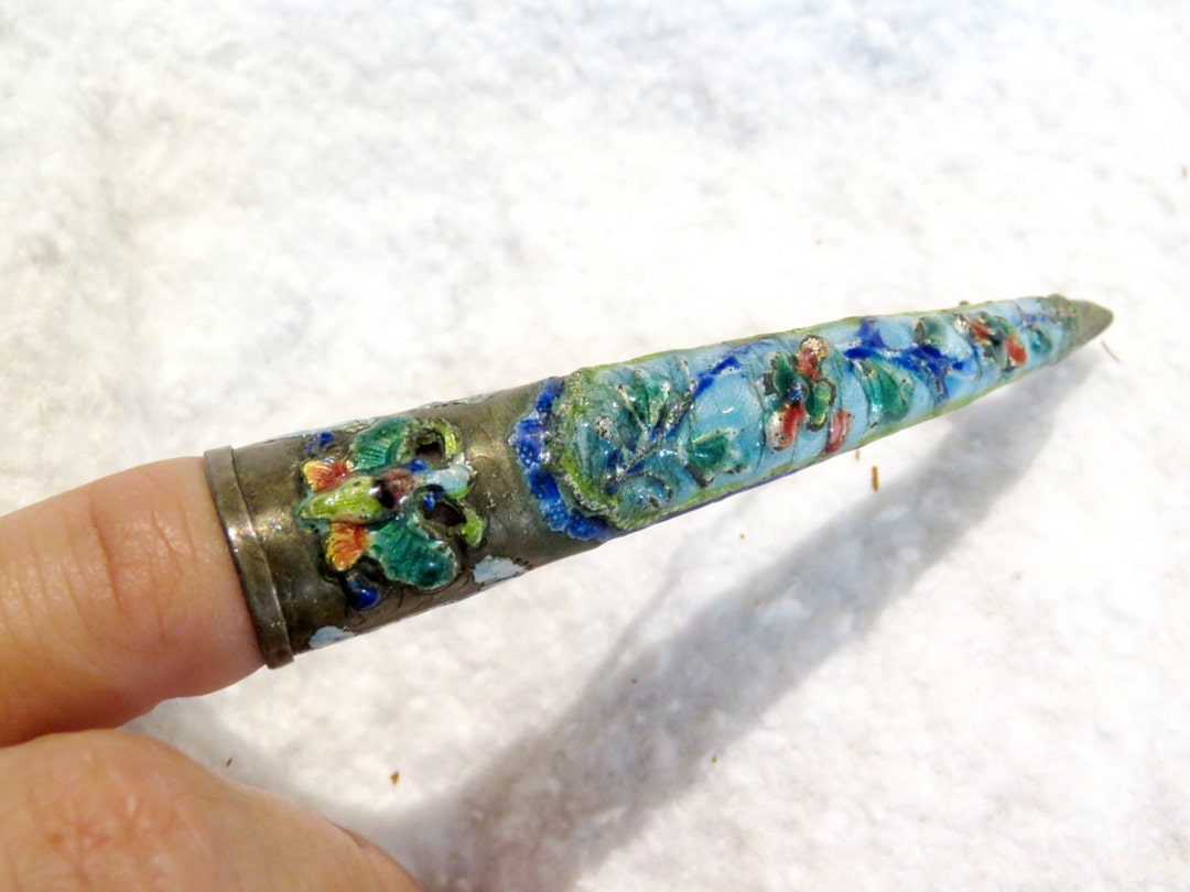 Chinese Fingernail Protector Brooch Antique Chinese Enamel Over Silver