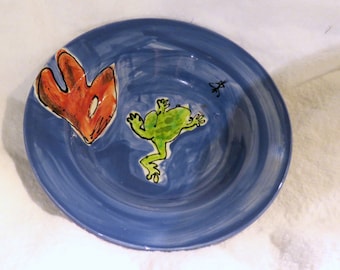 Handmade Blue Art Bowl with Painted Frog Chasing Fly Frog Collector Dish Frog Lover Gift Frog Decor