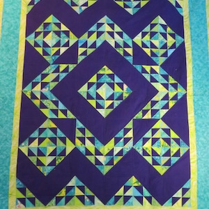 Vintage Twin Sized Quilt in Zigzag Pattern in Colors of Purple Greens and Blues Machine Pieced and Hand Quilted in the Early 1990s in NH
