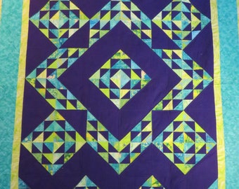 Vintage Twin Sized Quilt in Zigzag Pattern in Colors of Purple Greens and Blues Machine Pieced and Hand Quilted in the Early 1990s in NH