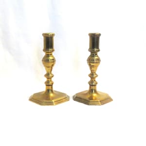 PAIR of 7&quot; Tall Brass Candlesticks x 4&quot; Diagonal on Octagonal Base Gently Used Brass Candlesticks Short Brass Candleholders Great Condition