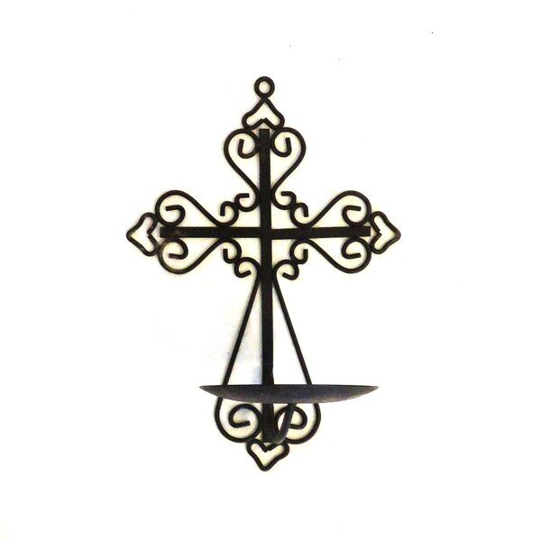 Cross Wall Sconce Candleholder Wrought Iron Measures 10 1/2"T x 7 1/4"W  x  5 1/2" Deep when  Candle Platform is Extended  Christian Decor