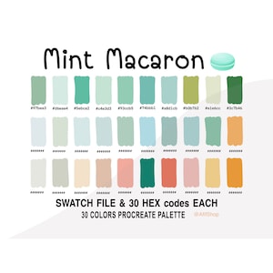 Puede incluir: Una paleta de colores digital con 30 tonos de verde menta, azul, beige, melocotón y amarillo. La paleta está etiquetada como "Mint Macaron" e incluye el texto "Swatch File & 30 Hex Codes Each" y "30 Colors Procreate Palette @AlifShop".