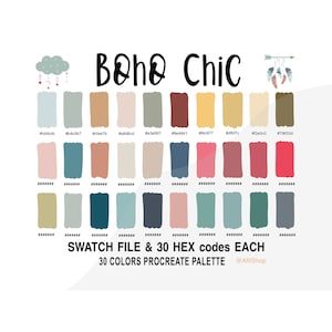 Pode incluir: Uma paleta de cores digital com 30 cores em formato de grade. As cores são uma mistura de tons quentes e frios, incluindo bege, marrom, azul-esverdeado e rosa. O texto "Boho Chic" está no topo da paleta, e o texto "SWATCH FILE & 30 HEX codes EACH" está abaixo da paleta. O texto "30 COLORS PROCREATE PALETTE @AfifShop" está na parte inferior da paleta.