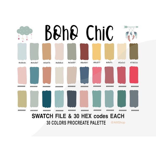 Boho Chic, Color Palette, Boho, Bohemian Style, iPad, Procreate App, Swatches, Procreate Tools, HEX code, Instant Download, Digital Download