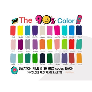 Op de afbeelding: Een digitaal kleurenpalet geïnspireerd door de jaren 90, met 30 kleuren in een raster met hun bijbehorende hex-codes. De titel "The 90s Color" wordt boven het palet weergegeven, samen met een retro smiley en afbeeldingen van een vintage telefoon en een draagbare gameconsole.