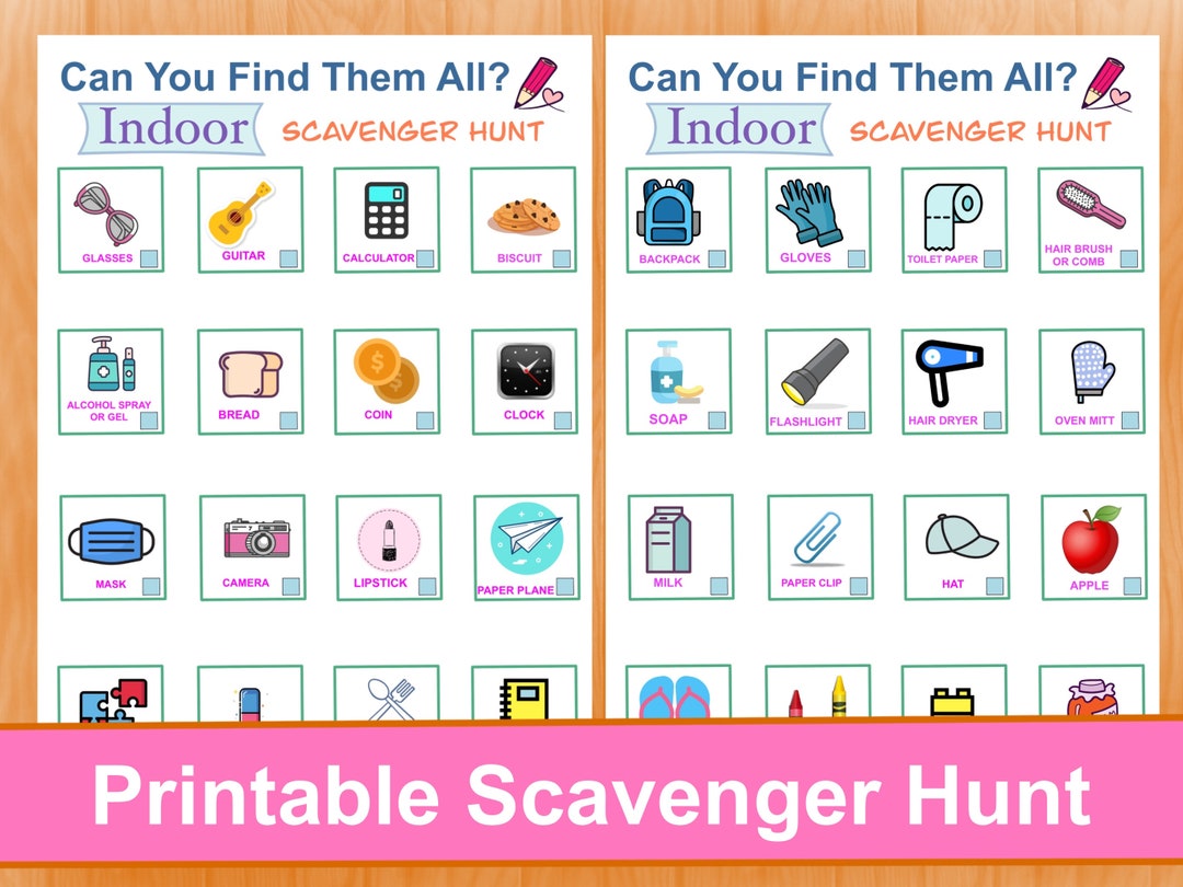 2 Printable Indoor Scavenger Hunt Worksheets Indoor Activity Etsy
