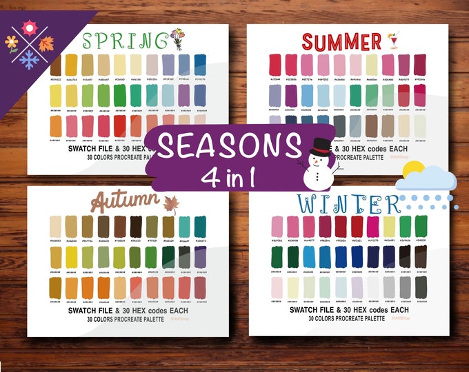 Season Color Palette, 120 Colors, 4 Swatches, HEX Codes, Summer, Autumn ...