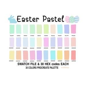 May include: A digital Procreate palette with 30 pastel colors, including shades of blue, green, yellow, pink, and purple. The palette is titled "Easter Pastel" and includes a bunny rabbit and Easter eggs.