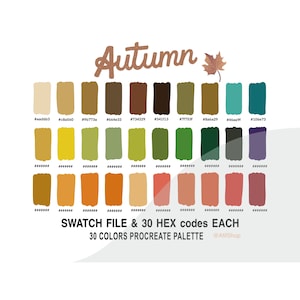 Könnte beinhalten: Eine digitale Farbpalette mit 30 Herbstfarben, darunter Braun-, Gelb-, Grün-, Orange-, Rot- und Lilatöne. Die Palette ist mit "Autumn" beschriftet und enthält den Text "SWATCH FILE & 30 HEX codes EACH" und "30 COLORS PROCREATE PALETTE @AlitShop".