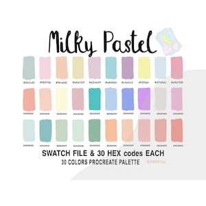 May include: A digital color palette with 30 pastel colors, including shades of pink, blue, green, and yellow. The palette is labeled "Milky Pastel" and includes the text "SWATCH FILE & 30 HEX codes EACH" and "30 COLORS PROCREATE PALETTE @AlitShop".