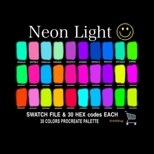 Neon Light Color, Color Palette, Neon, Bright, iPad, Procreate App, Swatches, Procreate Tools, HEX code, Instant Download, Digital Download