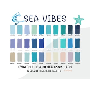 Könnte beinhalten: Eine digitale Farbpalette mit 30 Blautönen, Grüntönen und Beigetönen. Die Palette trägt den Titel "SEA VIBES" und enthält den Text "SWATCH FILE & 30 HEX codes EACH" und "30 COLORS PROCREATE PALETTE @AlifShop".