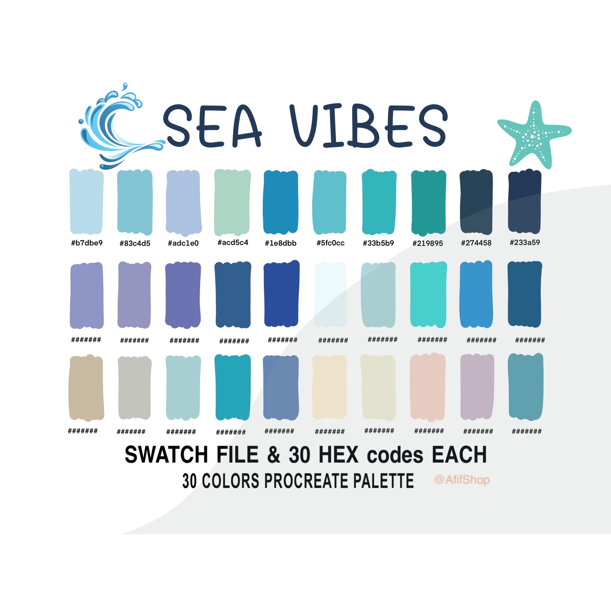 Paleta de colores Sea Vibes para Procreate – 30 muestras inspiradas en el océano con códigos HEX | Descarga digital instantánea