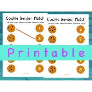 4 Printable Cookie Number Matching, PDF File, Learning to Count, Kindergarten Worksheet, Count Worksheet, Preschool, Numbers, Counting.