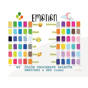 Palette de 60 couleurs Emotion, palette de couleurs, codes HEX, iPad, application Procreate, nuanciers, outils Procreate, téléchargement immédiat, téléchargement numérique