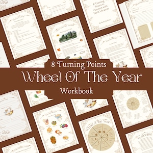 Puede incluir: Un cuaderno de trabajo titulado "Rueda del Año" con 8 puntos de inflexión para conectar con las estaciones de la Tierra. La portada presenta un fondo marrón con un diseño de rueda dorado y el texto "8 puntos de inflexión" y "Rueda del Año Cuaderno de trabajo".