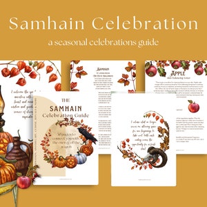 May include: A guide to celebrating Samhain, a seasonal holiday, with illustrations of pumpkins, apples, and a raven. The guide includes 50 ways to connect with the energy of the season.