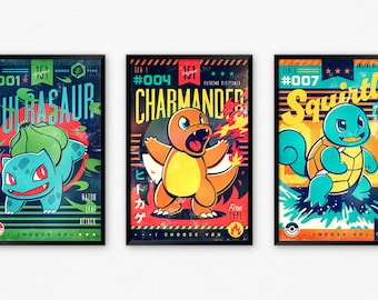 Starter Pokemon Poster Set, Bulbasaur, Charmander, Squirtle, Video Game Art Posters