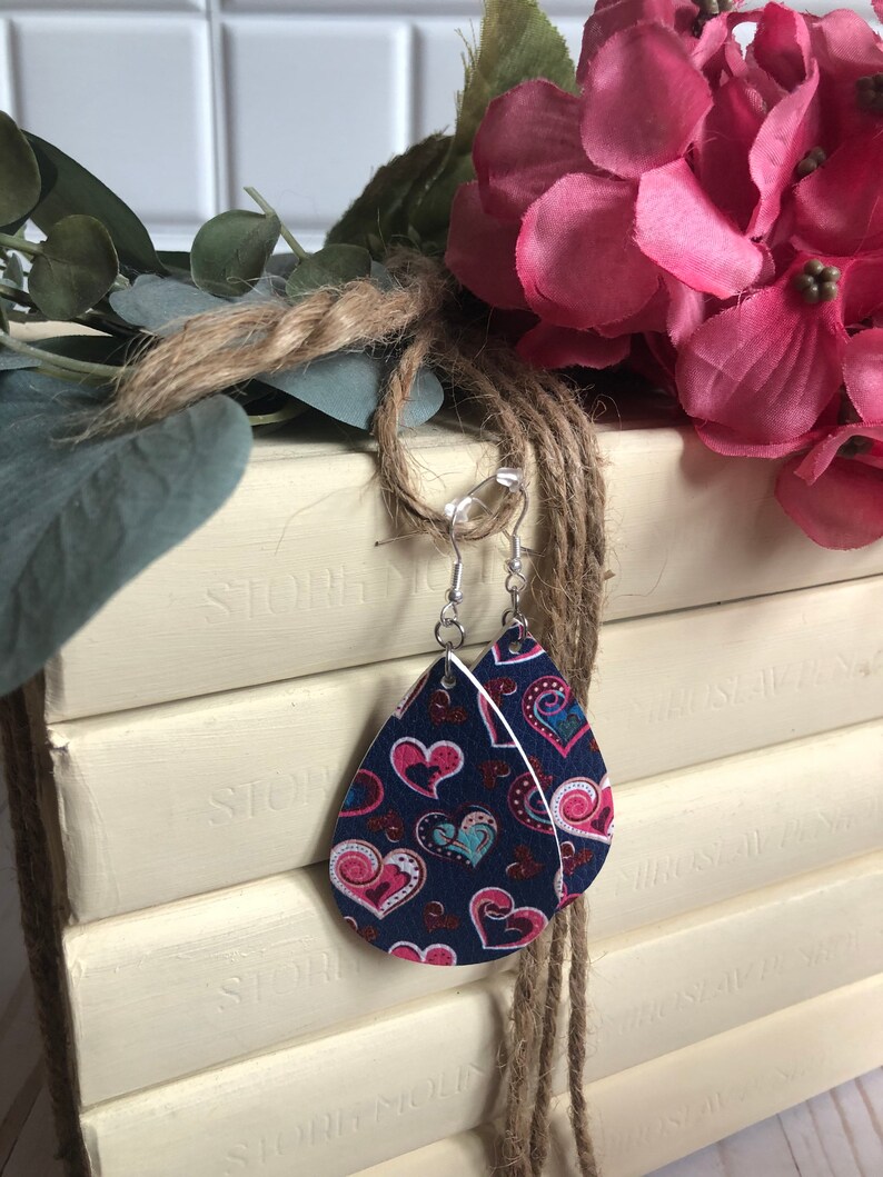 Navy Blue with Hearts Faux Leather Valentines Earrings