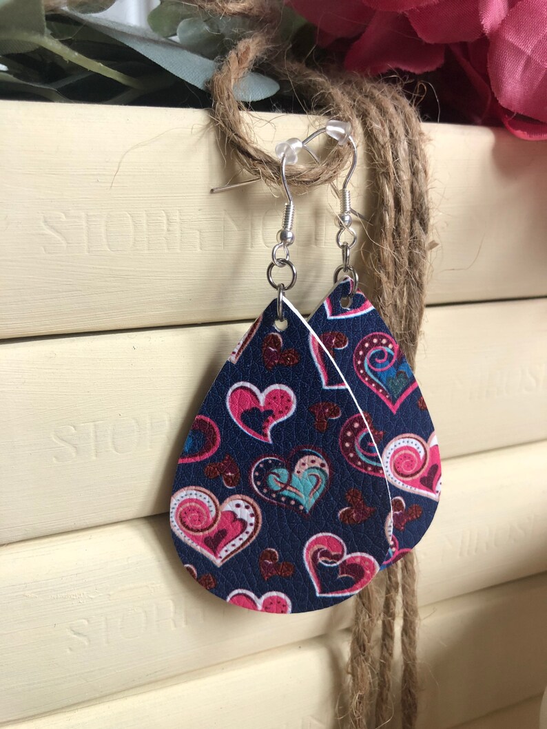 Navy Blue with Hearts Faux Leather Valentines Earrings