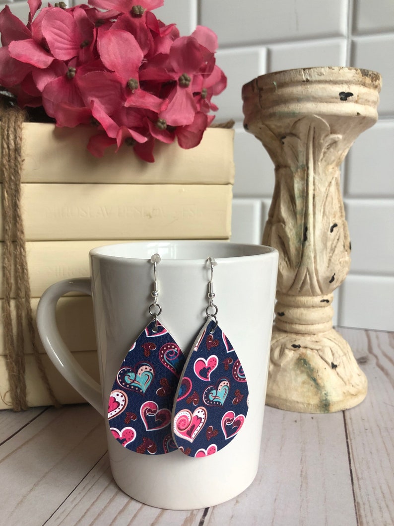 Navy Blue with Hearts Faux Leather Valentines Earrings