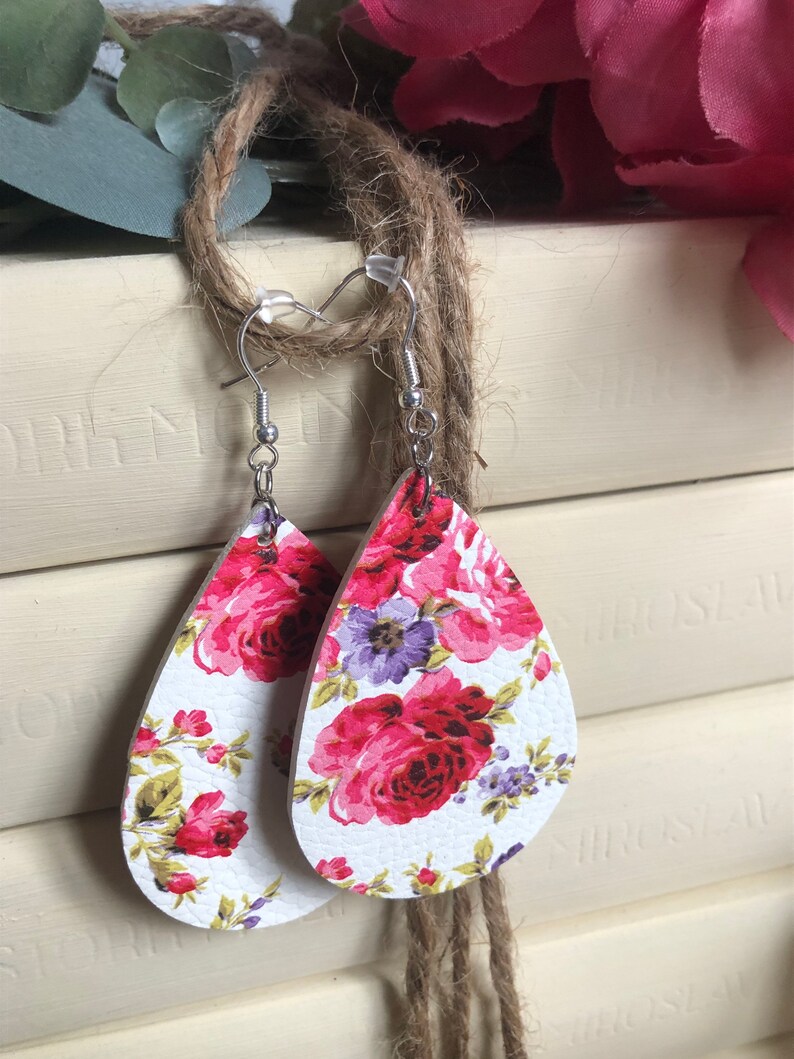 Pink and Purple Floral Print Faux Leather Earrings