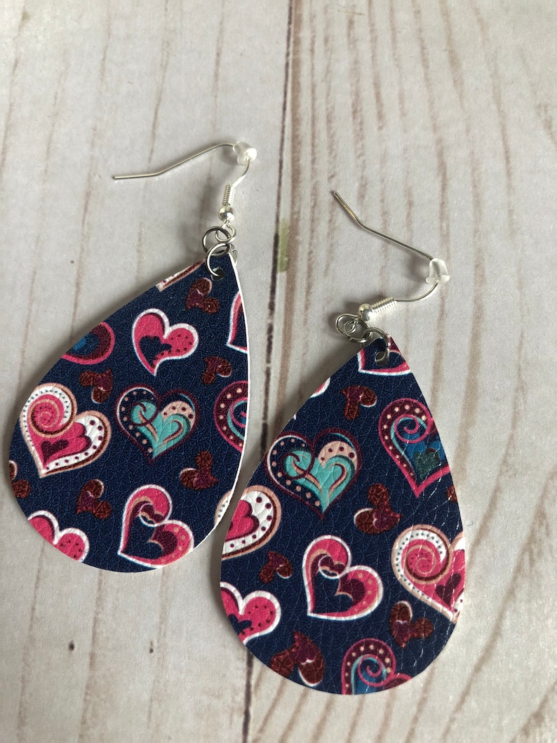 Navy Blue with Hearts Faux Leather Valentines Earrings