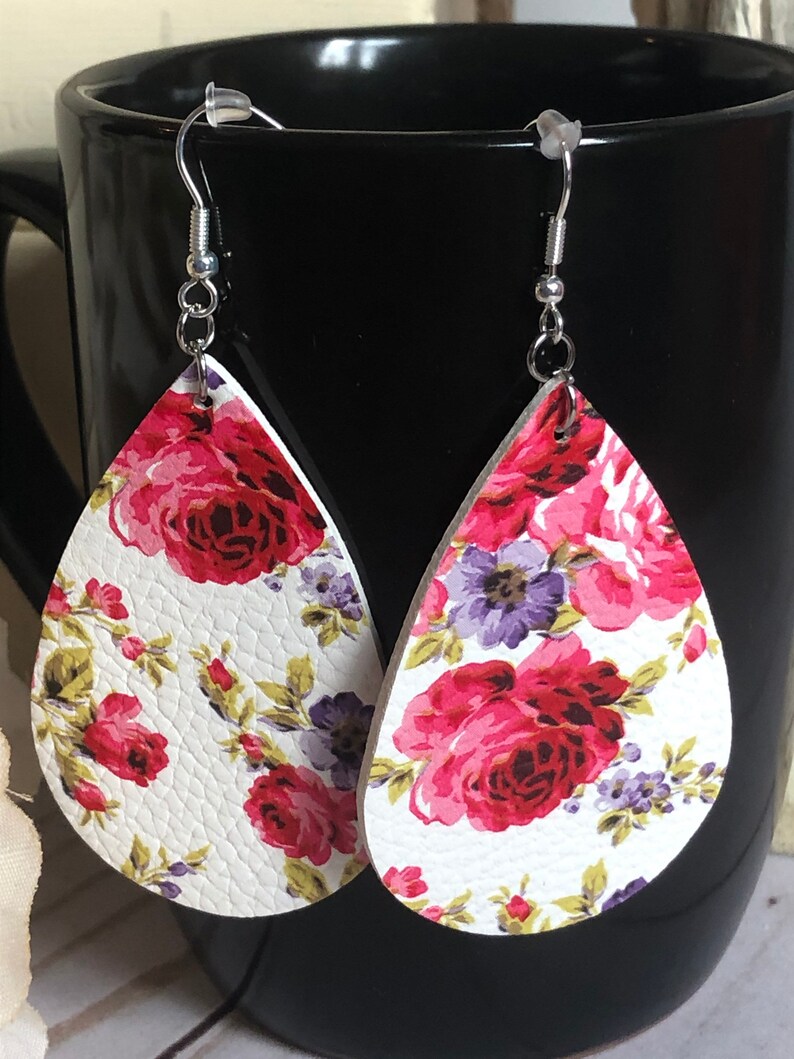 Pink and Purple Floral Print Faux Leather Earrings