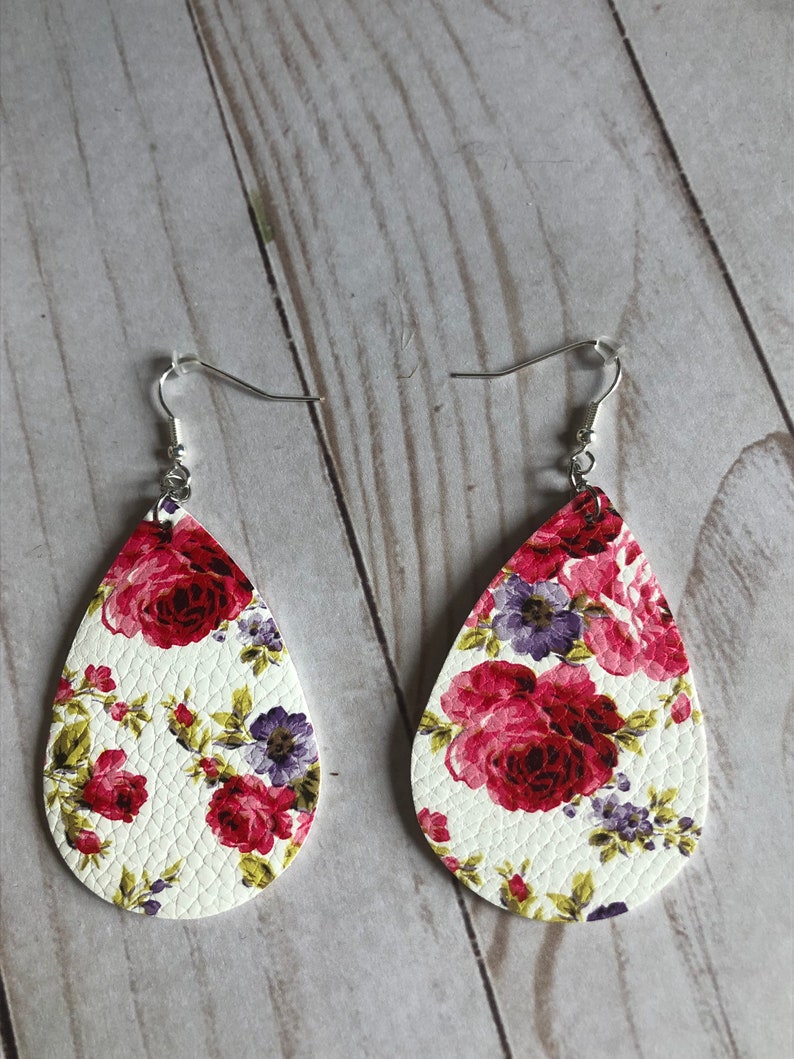 Pink and Purple Floral Print Faux Leather Earrings