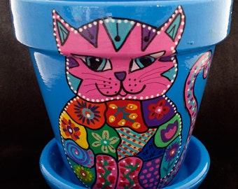 Painted Terracotta Cat Pot