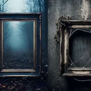 Outside mockup. Outdoor mockup. Woods mockup. Empty photo frame with cobwebs and dead flowers.