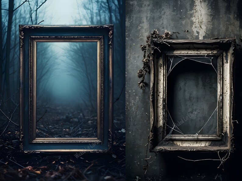 Outside mockup. Outdoor mockup. Woods mockup. Empty photo frame with cobwebs and dead flowers.