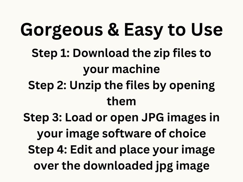 May include: A step-by-step guide on how to use a digital product. The steps include downloading, unzipping, loading, and editing images.
