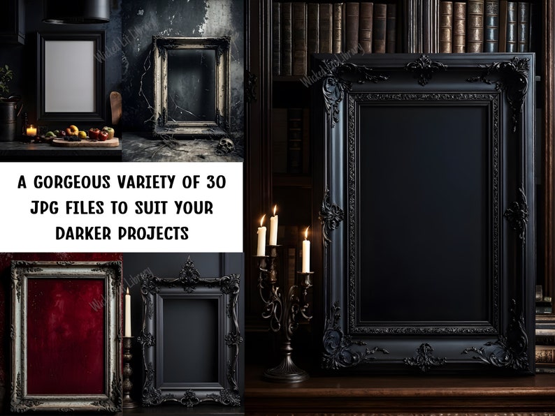A gorgeous variety of 30 JPG Files to Suit Your Darker Projects. Gothic kitchen mockup. Haunted house mockup. Dark academia mockup.