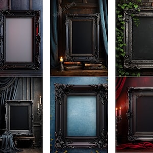 A variety of gothic empty photo frames with gothic aesthetic as the background. Victorian goth aura and vibes. Black frames. Wood frames.