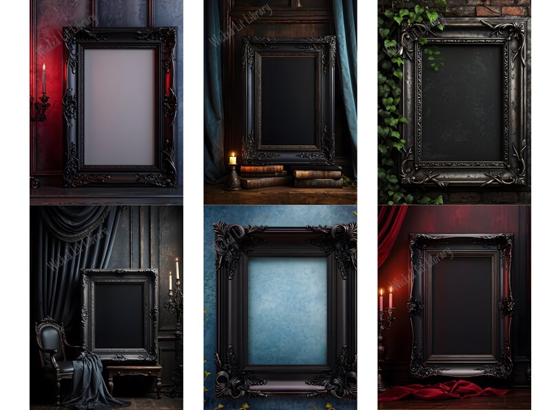A variety of gothic empty photo frames with gothic aesthetic as the background. Victorian goth aura and vibes. Black frames. Wood frames.