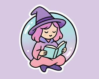 Cute Witch Reading Sticker | Cozy Book Lover Vinyl Sticker | Pastel Witch Aesthetic | Laptop Water Bottle Decal