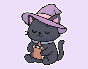 Witchy Cat Reading Book Sticker | Cute Bookish Cat Vinyl Sticker | Cozy Witch Aesthetic, Reader Gift