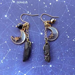 Moon Earrings with Black Titanium Quartz Crystal Points