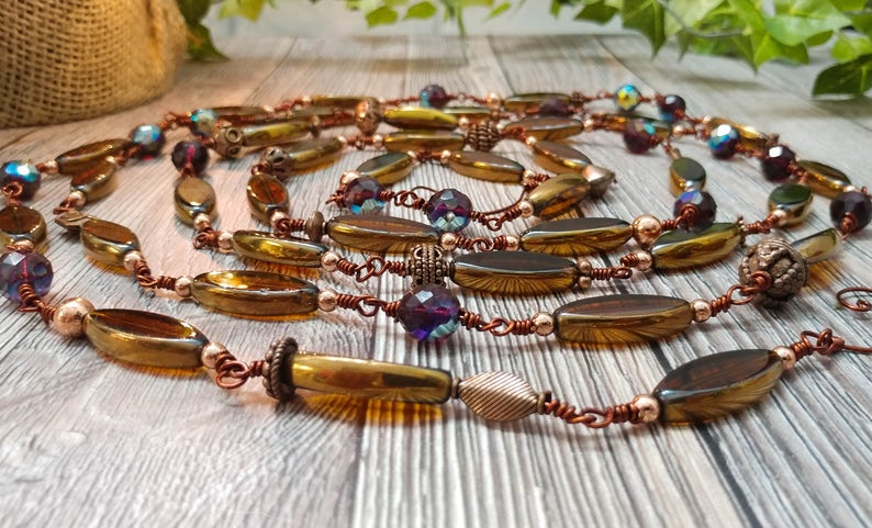 Christmas Thanksgiving Holiday Tree Garland Beaded Copper and Golden Amber.