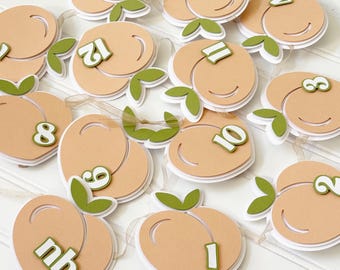 May include: Peach-shaped paper cutouts with numbers and green leaf accents. The peaches are in various shades of peach and white, with numbers from 1 to 12. Some peaches have the letters "nb" on them. Each peach has a small green leaf.