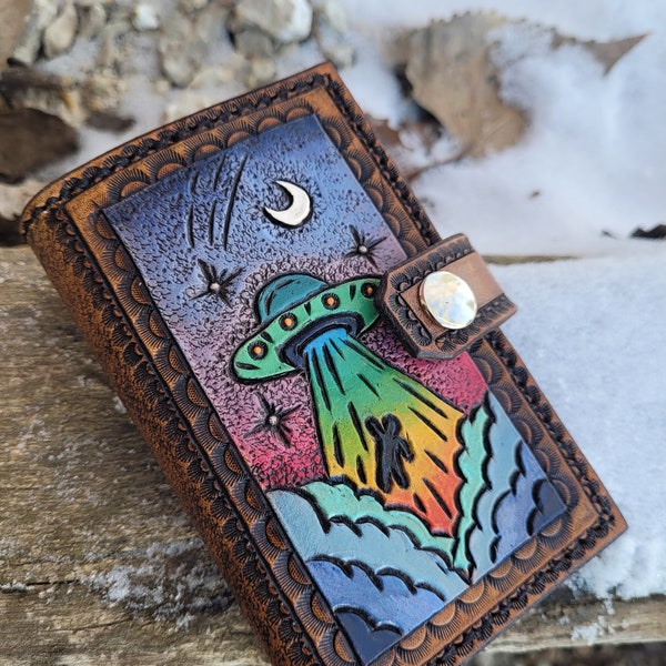Leather card and cash wallet, unique UFO spaceship, moon and stars snap bi-fold, business card holder, colorful hand tooled alien abduction