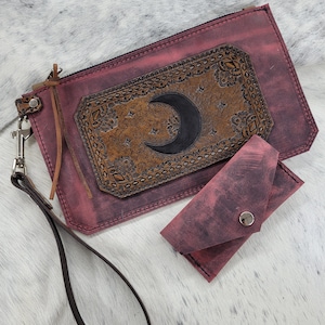 Red leather hand tooled moon clutch with matching envelope wallet and wristlet strap, leather boho wristlet, gift for woman