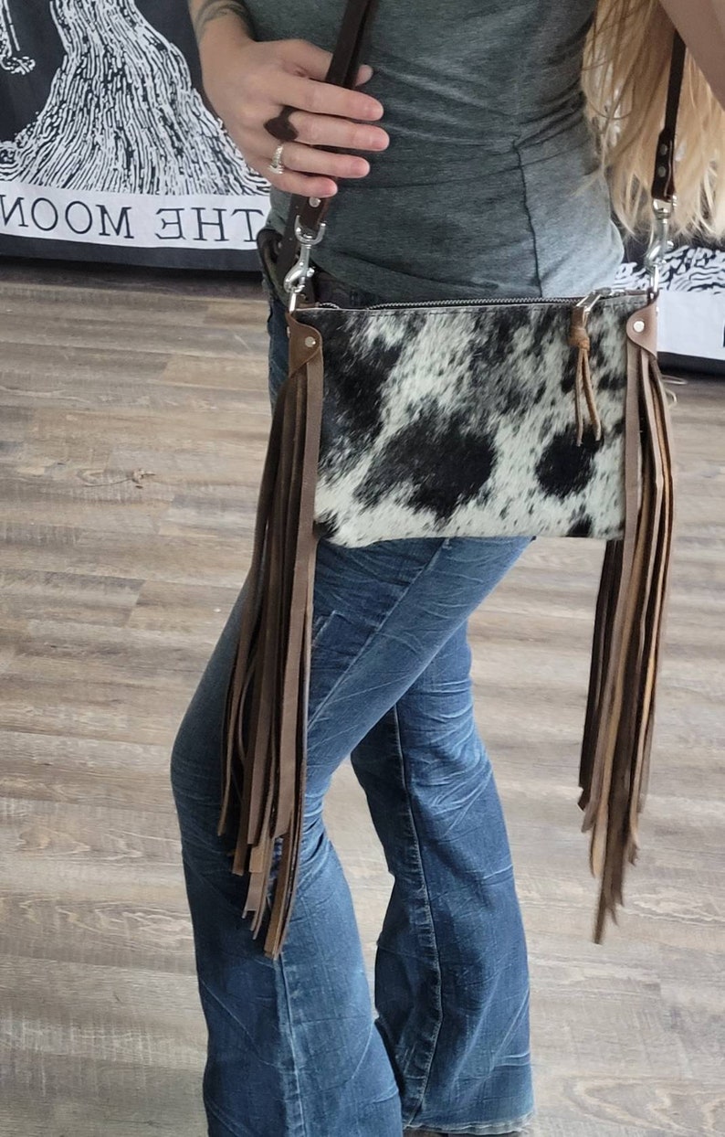 Black White and Brown Hairon Cowhide Crossbody Purse With Fringe
