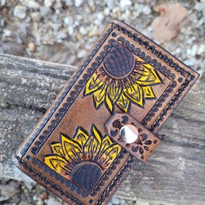 Cartera de cuero para tarjetas y efectivo, billetera minimalista con diseño floral hecha a mano, plegable a presión, tarjetero con diseño de girasol amarillo