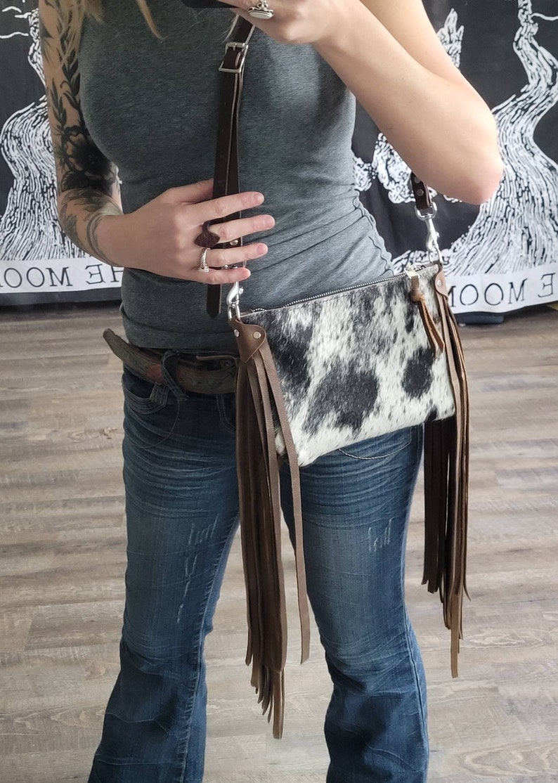 Black White and Brown Hairon Cowhide Crossbody Purse With Fringe