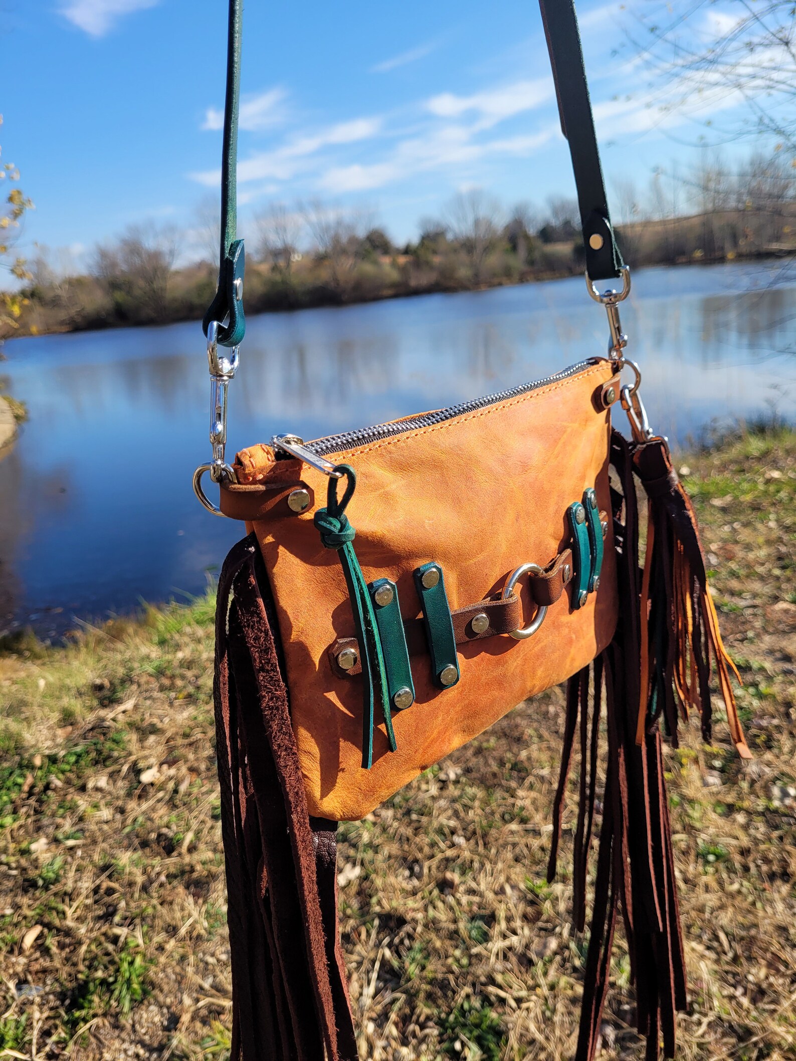 Oreanas Fringe Purse Rutton Ranch Leather Fringe Purse, Orange Turquoise Fringe Bag, Unique Bag, Gift for ...