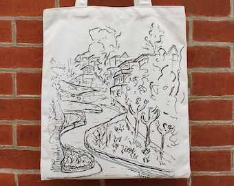 San Francisco Art Canvas Tote Bag with Pocket, SF Lombard Street Tote, SF Gift, Art Gift, Gifts under 20, For Her, For Him