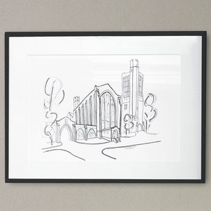 May include: Black and white line drawing of a building with a pointed roof and arched windows. The drawing is framed and hanging on a wall.